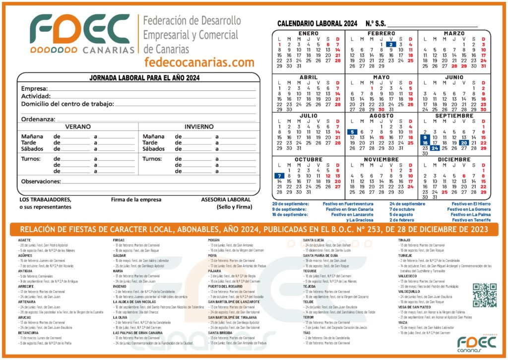 Calendario Laboral 2024 Provincia de Las Palmas Fedeco Canarias